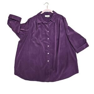 Brylane Collection Satin Pleated Button Down Tunic Top Byzantium Women's Plus 1X